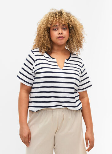T-shirt en coton rayé avec col en V, Bright White Stripe, Model image number 0