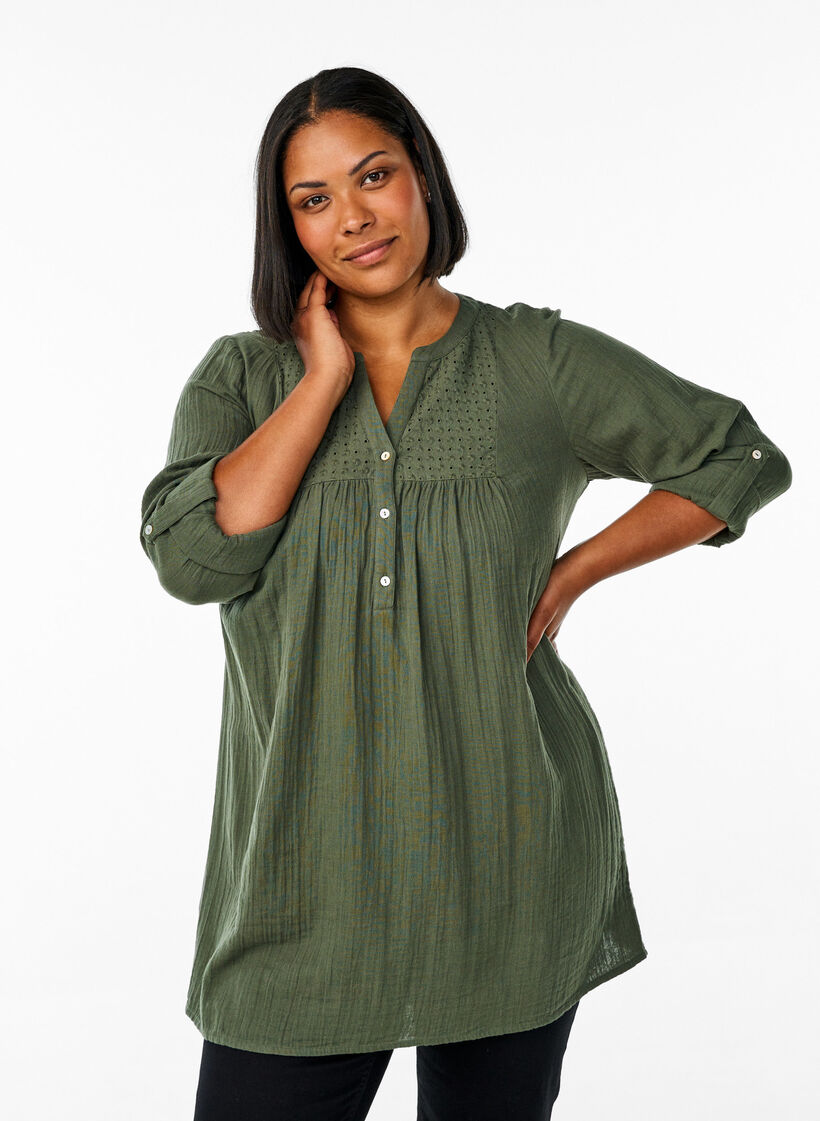 Tunique en mousseline de coton avec broderie anglaise, Vert, Model image number 0