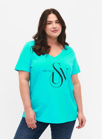 Katoenen t-shirt met opdruk, Turquoise SUN, Model