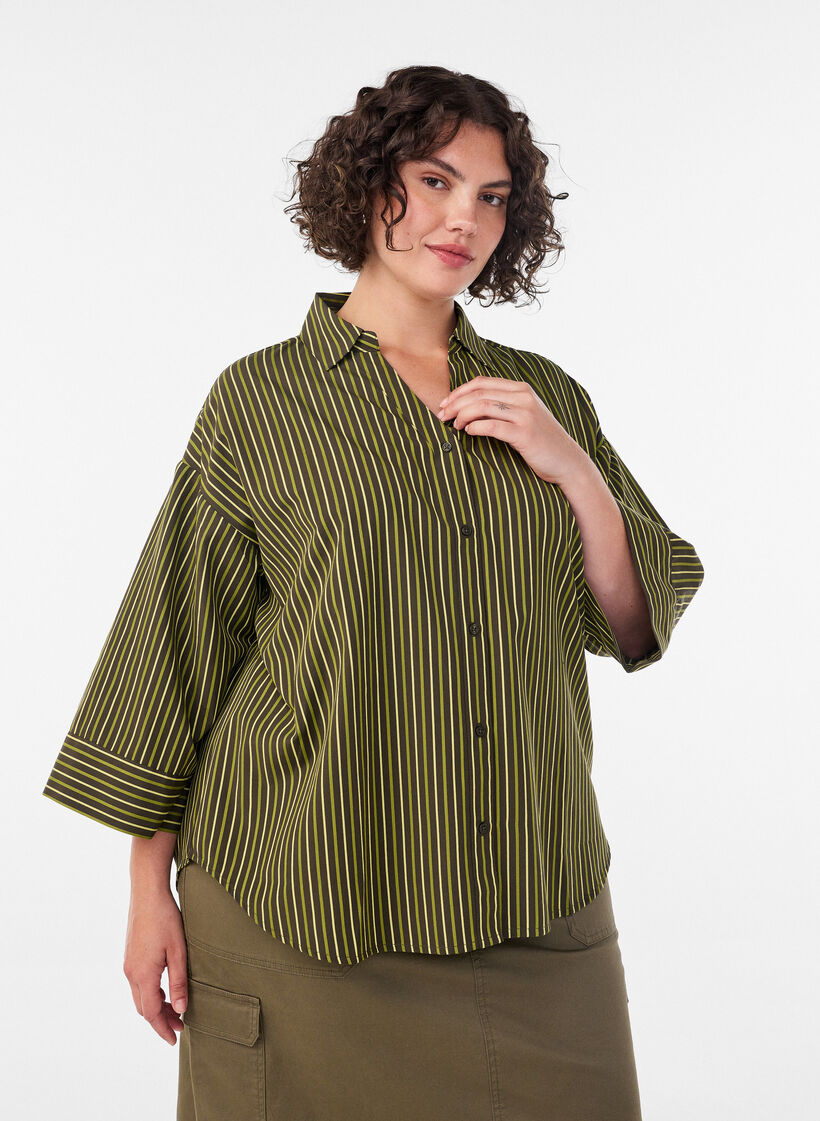 Chemise ample &agrave; rayures avec manches 3/4, Vert, Model