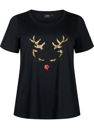 T-shirt de Noël à paillettes, Black W. Reindeer, Packshot image number 0