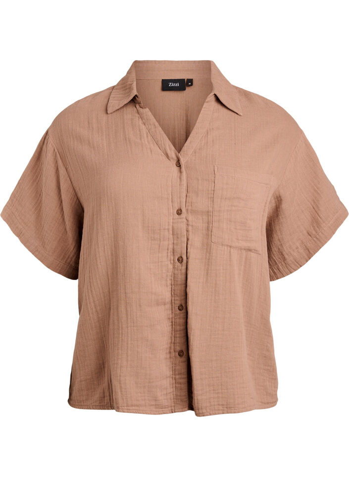 Blouse en mousseline de coton &agrave; manches courtes, Marron, Packshot