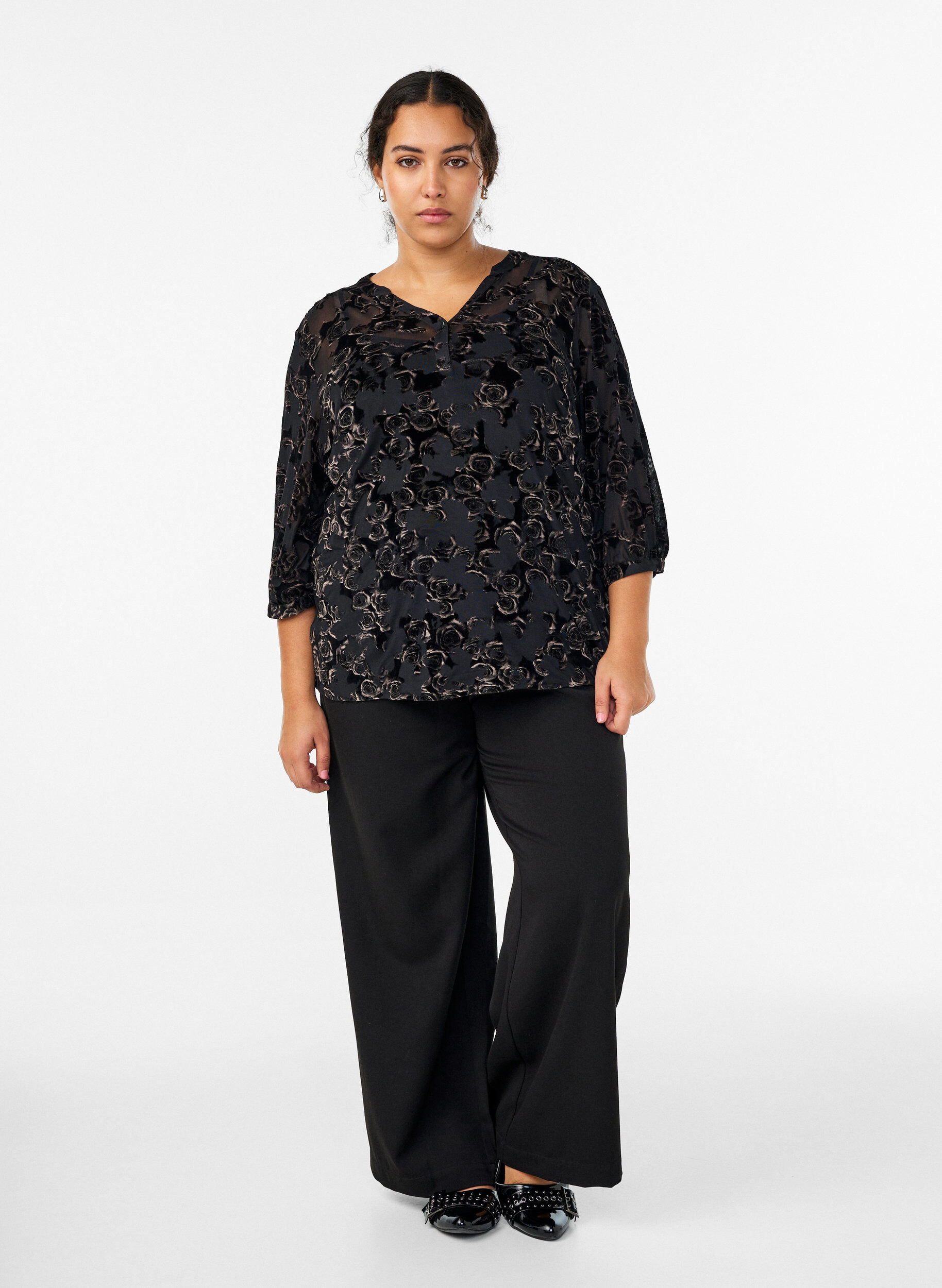 ZizziMesh blouse met 3/4 mouwen en velourrozen, Zwart, Model image number 1
