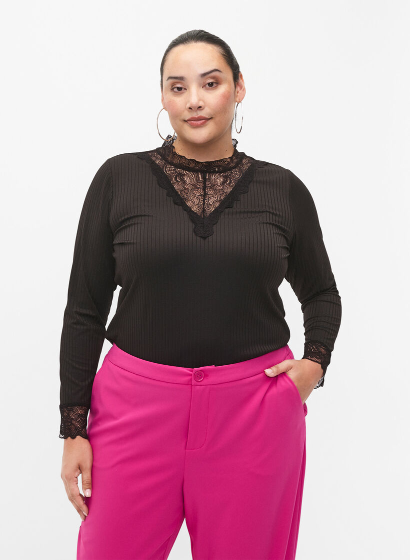 Blouse avec de la dentelle et des manches longues, Black, Model image number 0