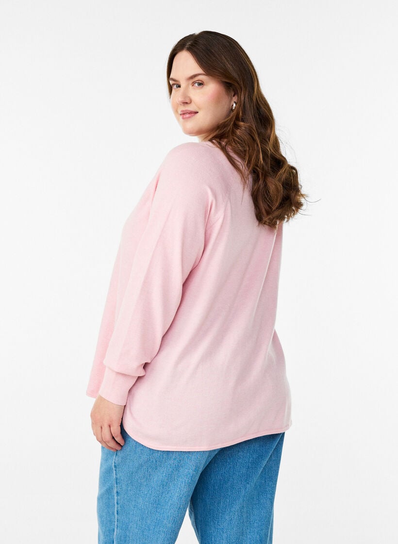 Fijngebreide blouse met V-hals en voorkantdetail, Roze, Model image number 2