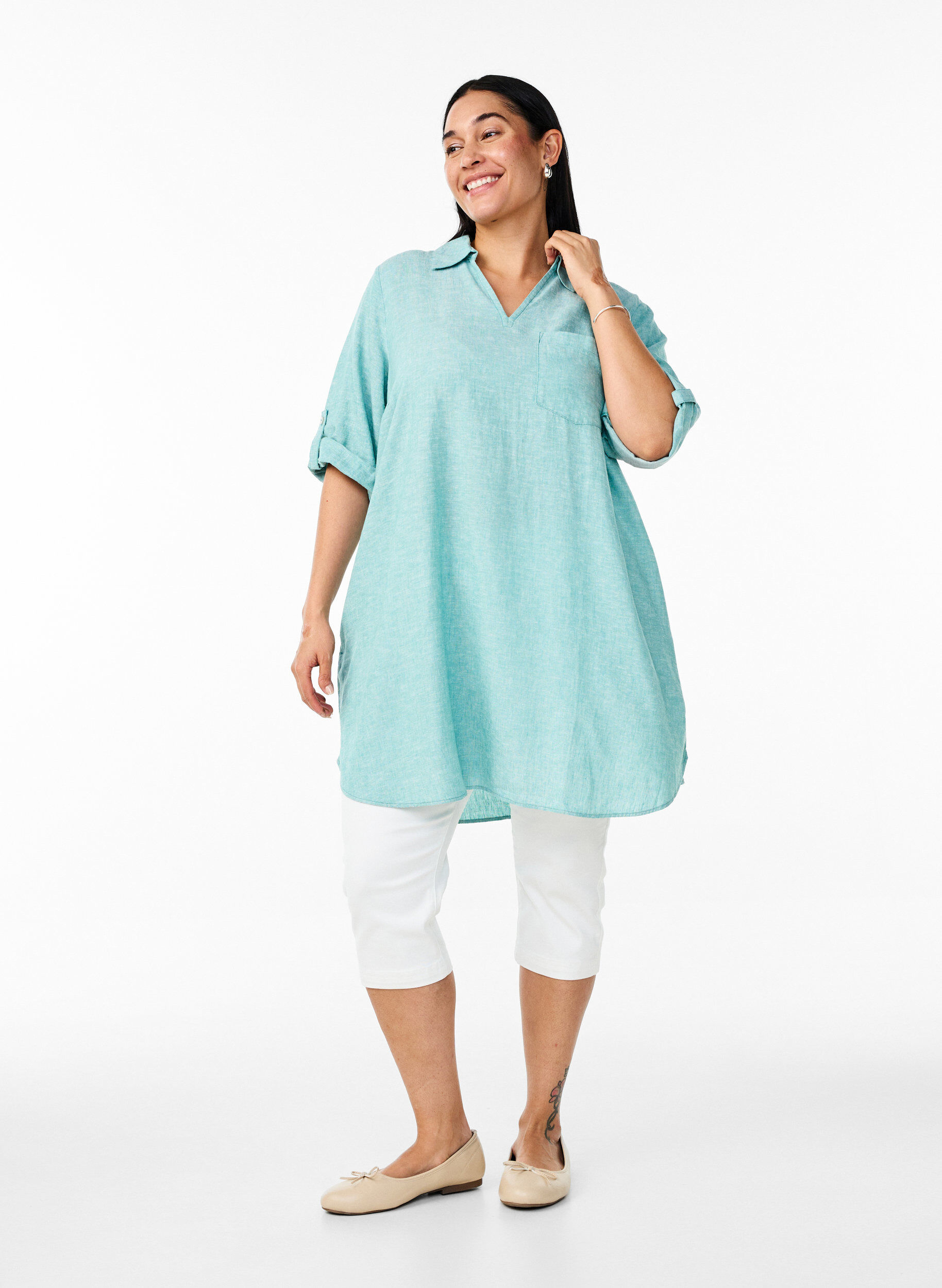 ZizziTuniek van linnen en viscose met A-vorm, Blauw, Model image number 1