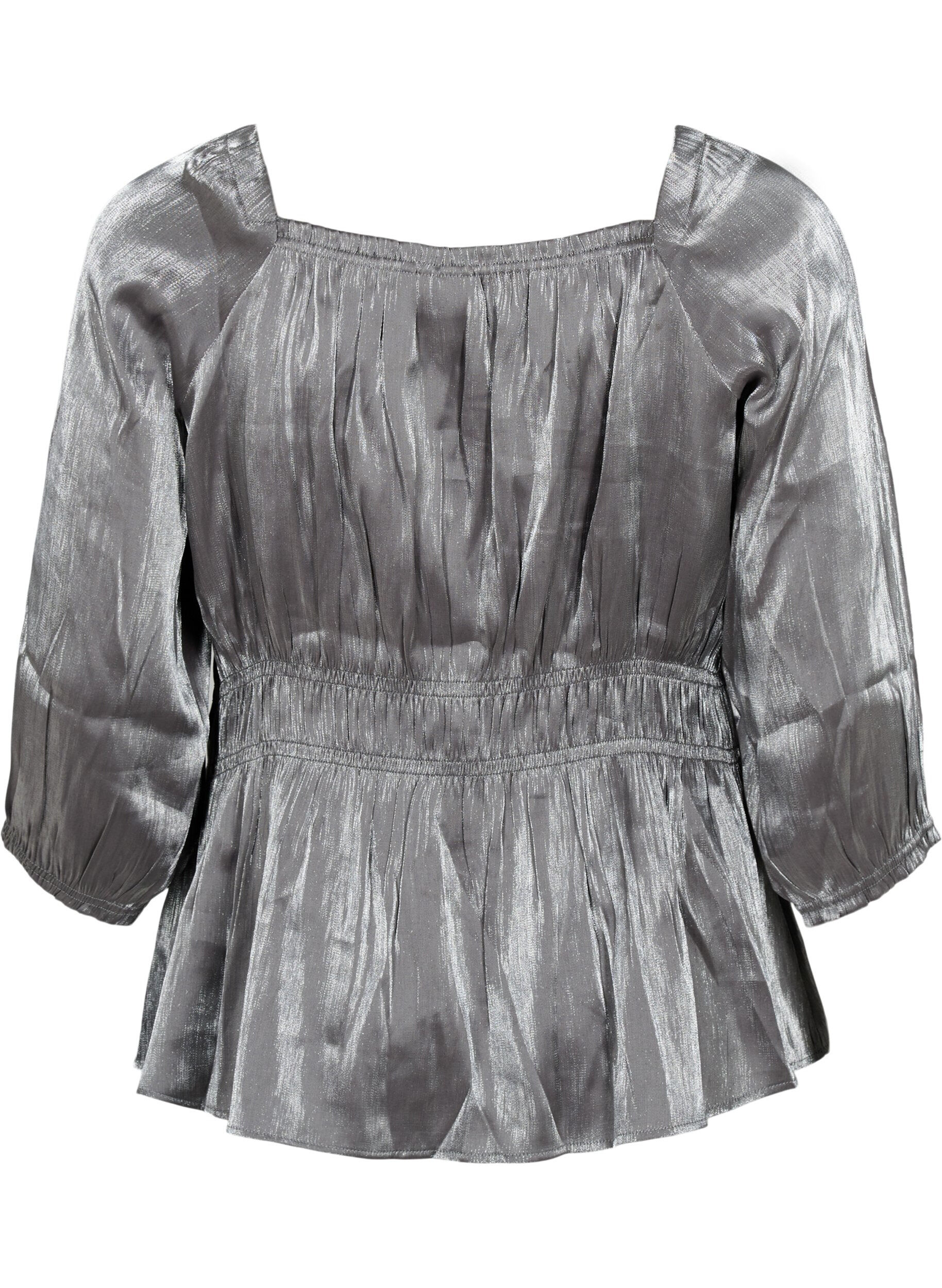 ZizziZilverkleurige blouse met 3/4 mouwen en smok, Dark Silver, Packshot image number 1