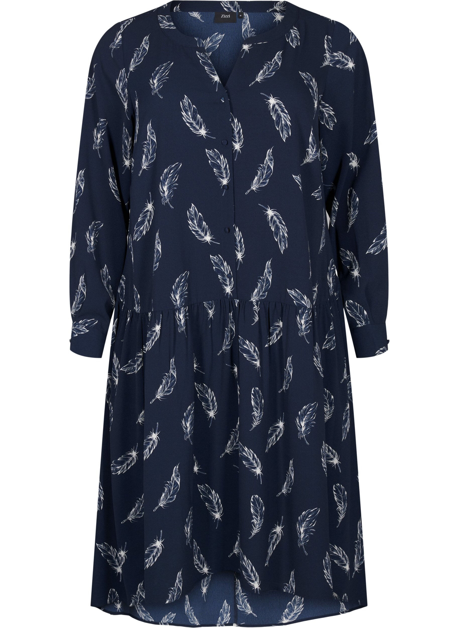 Zizzi Robes midi &agrave; manches longues, Navy B. Feather AOP, Packshot image number 0