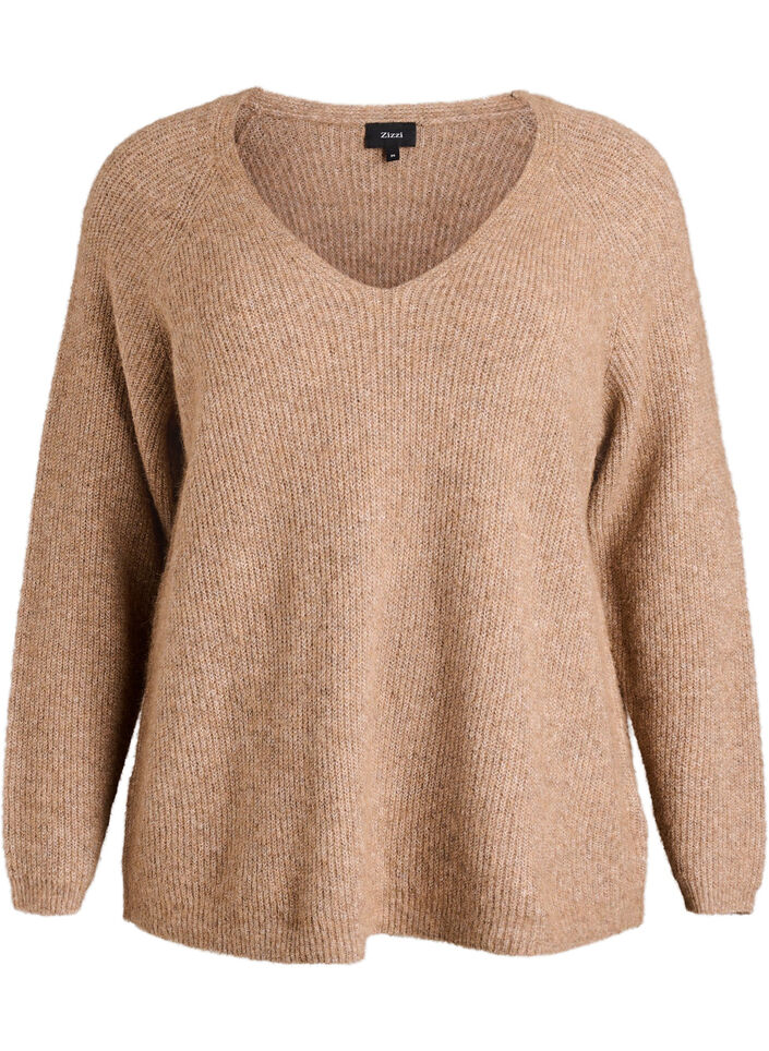Blouse en maille &agrave; col V et manches raglan, Camel, Packshot image number 0