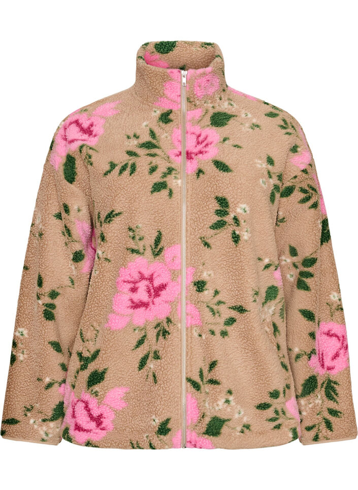 Veste en polaire &agrave; motif floral avec col montant et fermeture zipp&eacute;e, Beige, Packshot image number 0