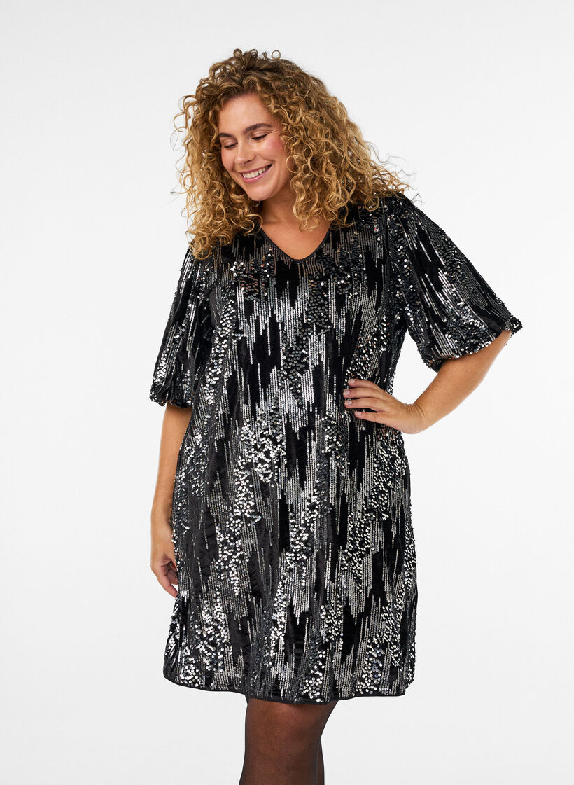 Robe courte en sequins avec des manches ballon, Noir, Model image number 2