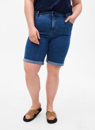  Shorts en jean moulants à taille haute, Blue Denim, Model image number 2