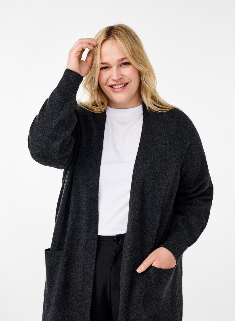 Long cardigan tricoté avec poches, Dark Grey Melange, Model image number 2