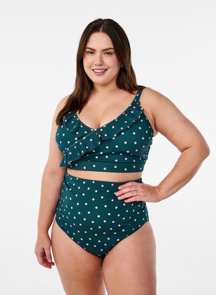 Haut de bikini avec imprim&eacute; et d&eacute;tails &agrave; volants, Vert fonc&eacute;, Model image number 1