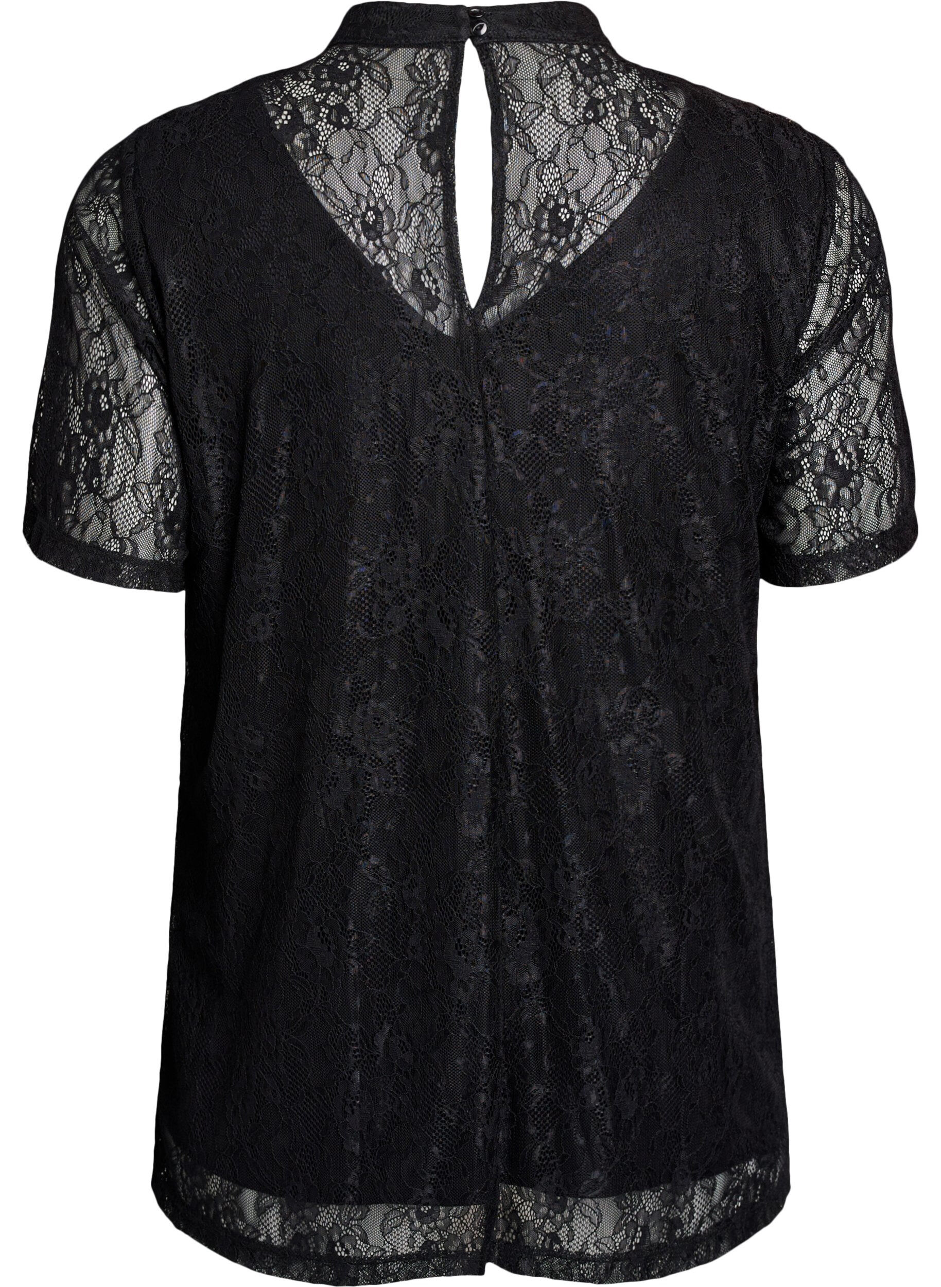 ZizziKanten blouse met twistdetail en korte mouwen, Zwart, Packshot image number 1