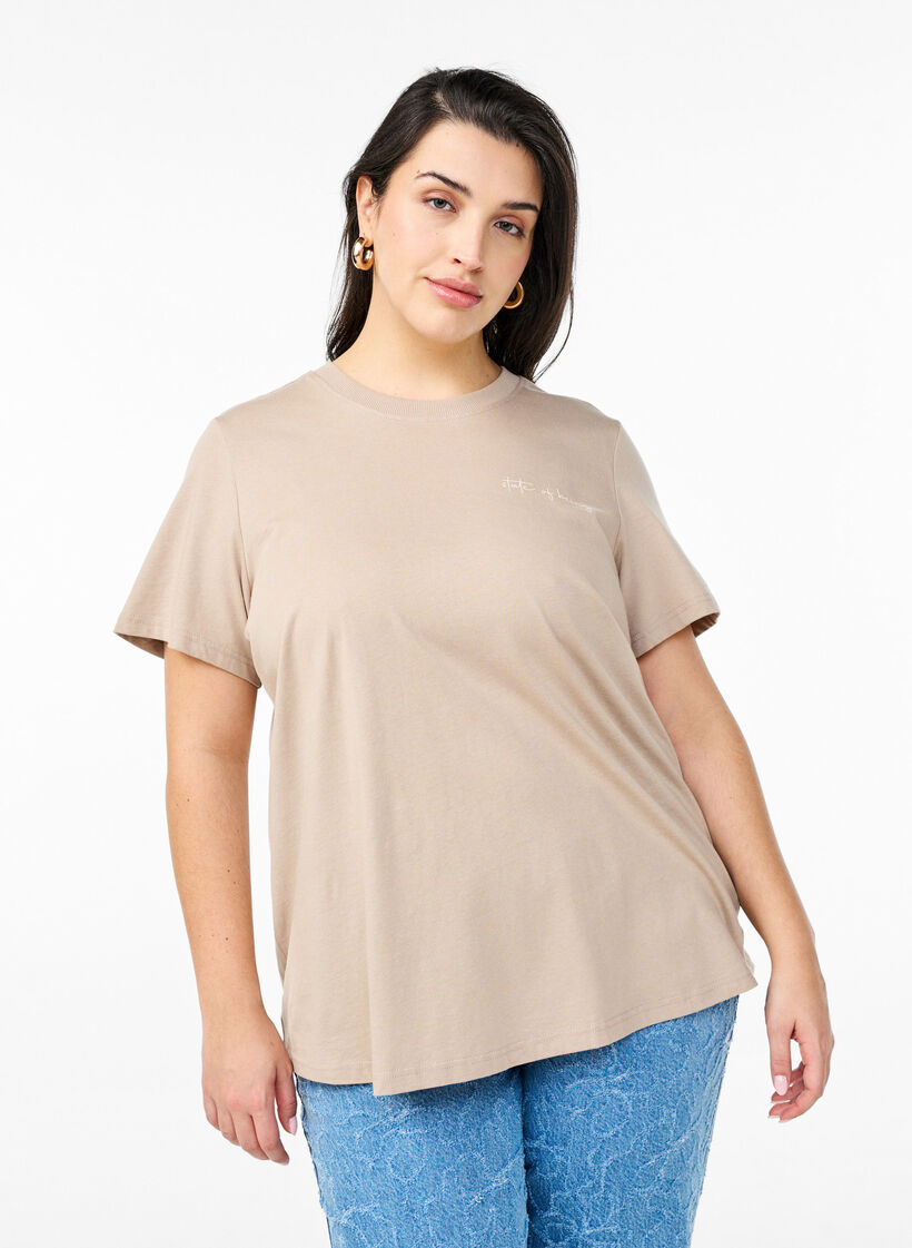 T-shirt avec imprim&eacute; de texte et col rond, Marron, Model image number 0