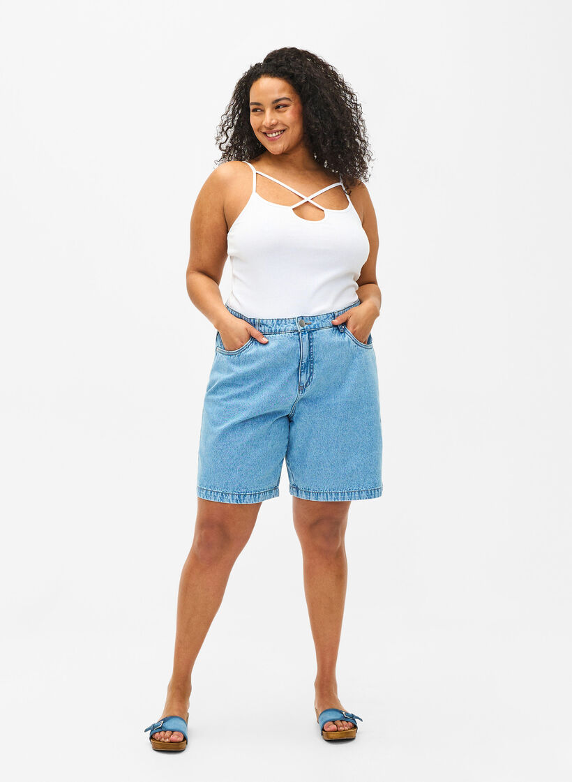 Geribde top van biologisch katoen met kruisdetail, Bright White, Model image number 2