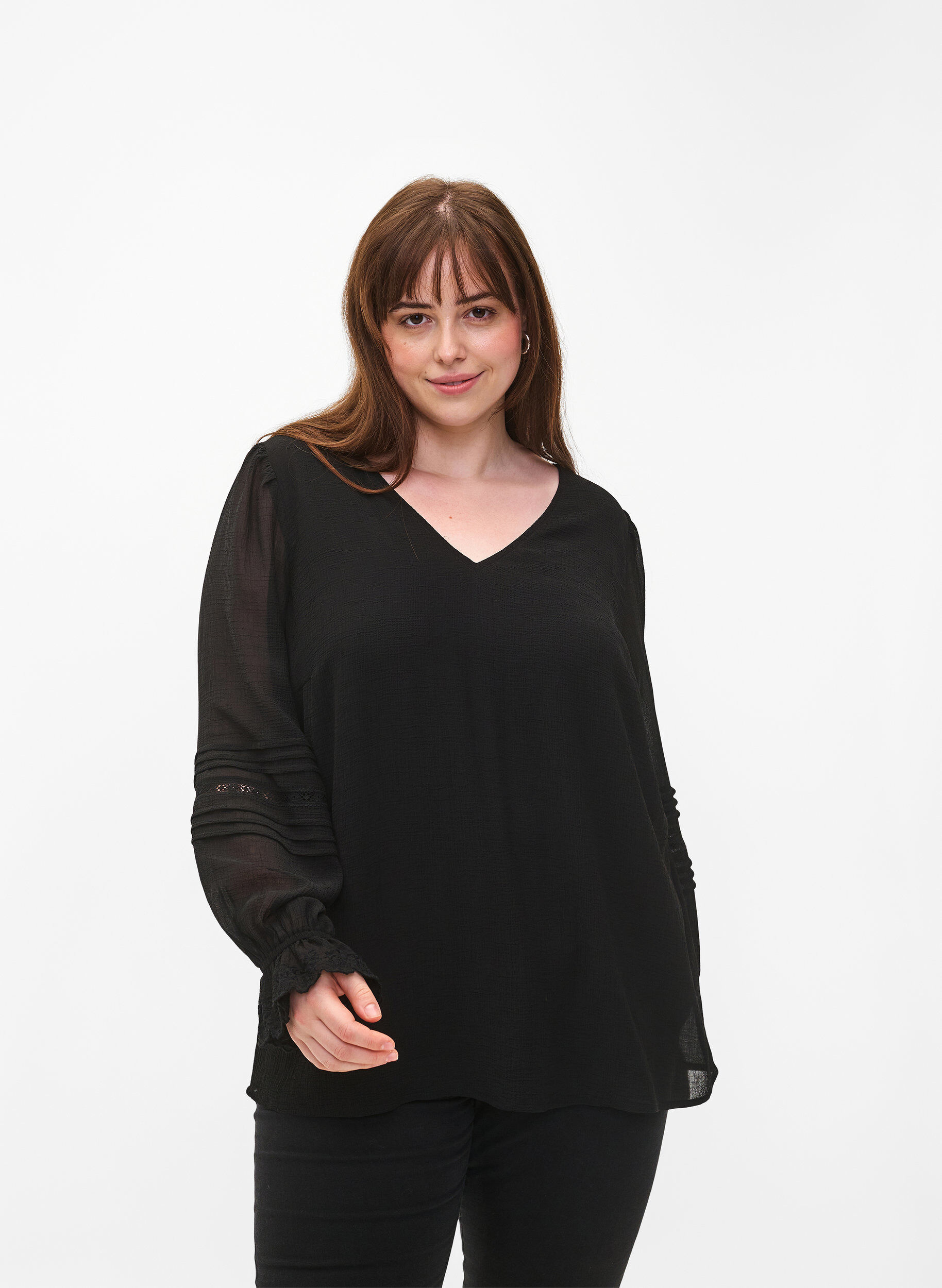 ZizziBlouse met V-hals en ruches aan de mouwen, Black, Model image number 0