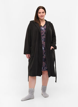 Robe de chambre avec capuche et poches, Black, Model image number 2