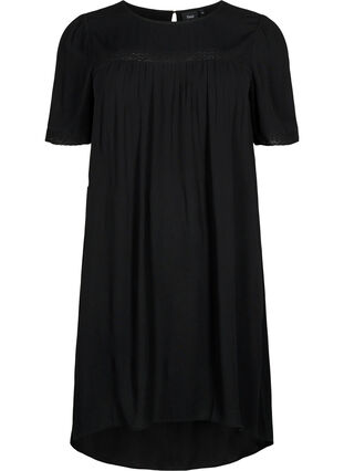 Viscose jurk met kanten randje, Black, Packshot image number 0