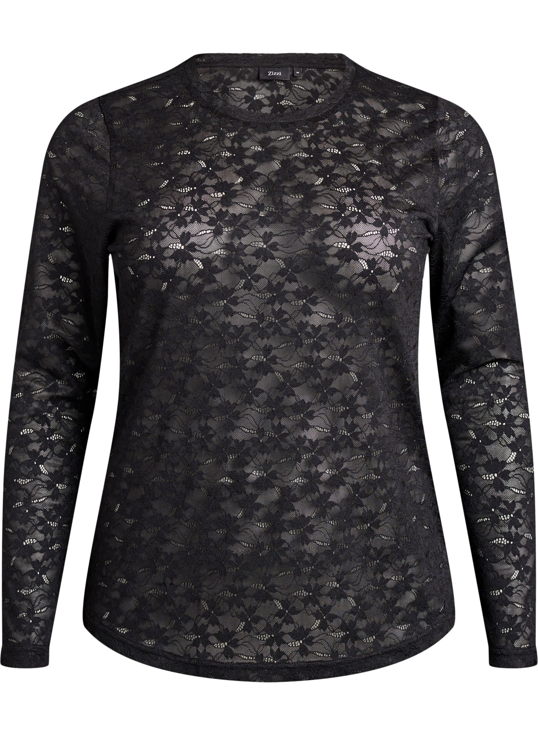 ZizziKanten blouse met ronde hals en strakke pasvorm, Zwart, Packshot image number 0