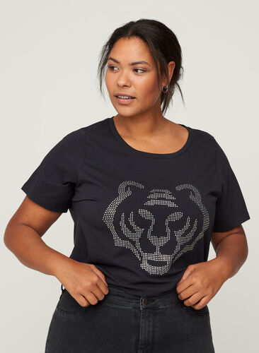 T-shirt en coton à paillettes, Black , Model image number 0