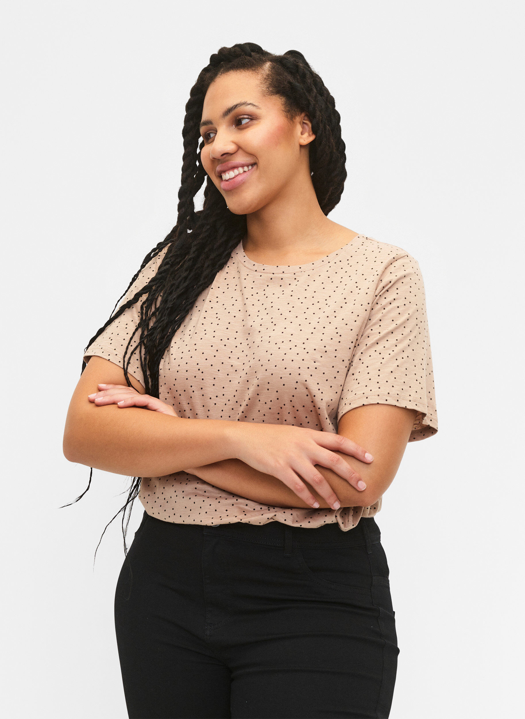 Zizzi T-shirt &agrave; pois en coton biologique	, Beige, Model image number 0