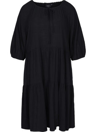 Robe en coton à manches 3/4 et détail de lien à nouer , Black, Packshot image number 0