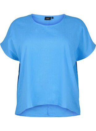 Katoenen blouse met korte mouwen van katoenmix met linnen, Ultramarine, Packshot image number 0