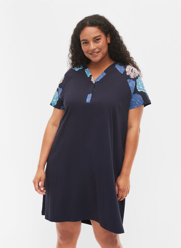 Chemise de nuit en coton à manches courtes avec détails imprimés, Blue Flower, Model image number 0