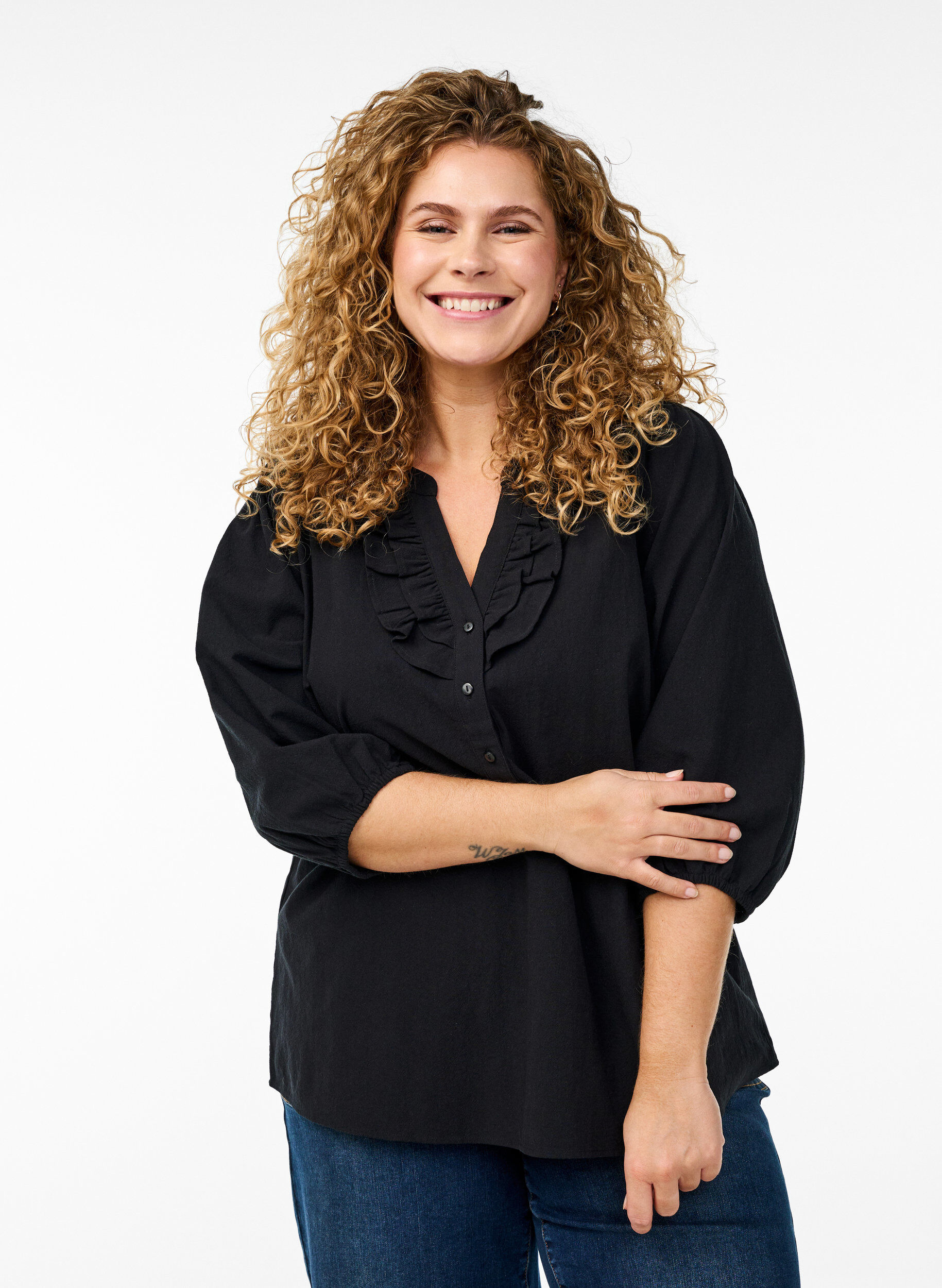 Katoenen blouse met 3/4 mouwen, Zwart, Model