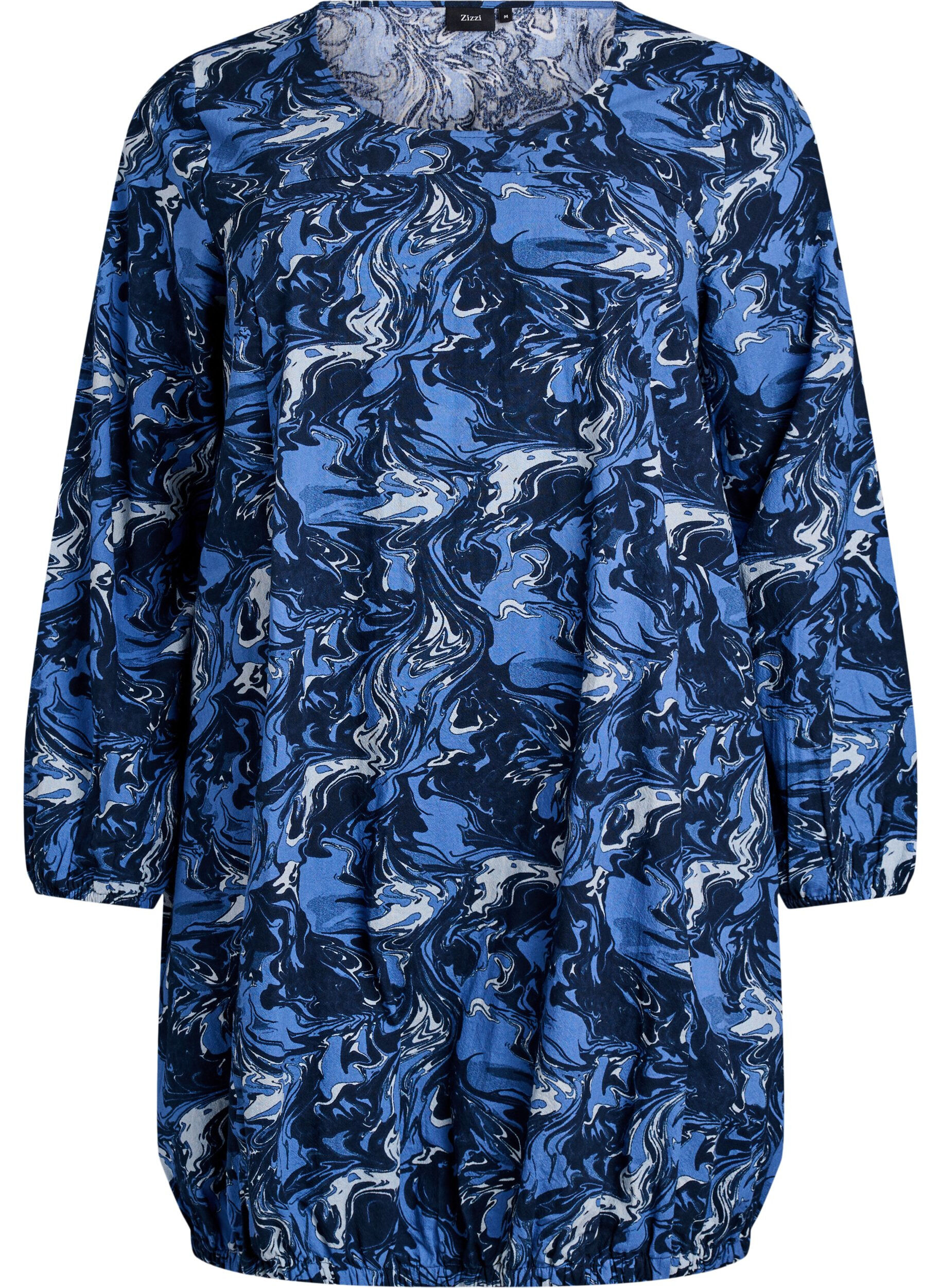 ZizziRobe courte en coton avec un ourlet &eacute;lastique et des manches longues, Bleu, Packshot image number 0