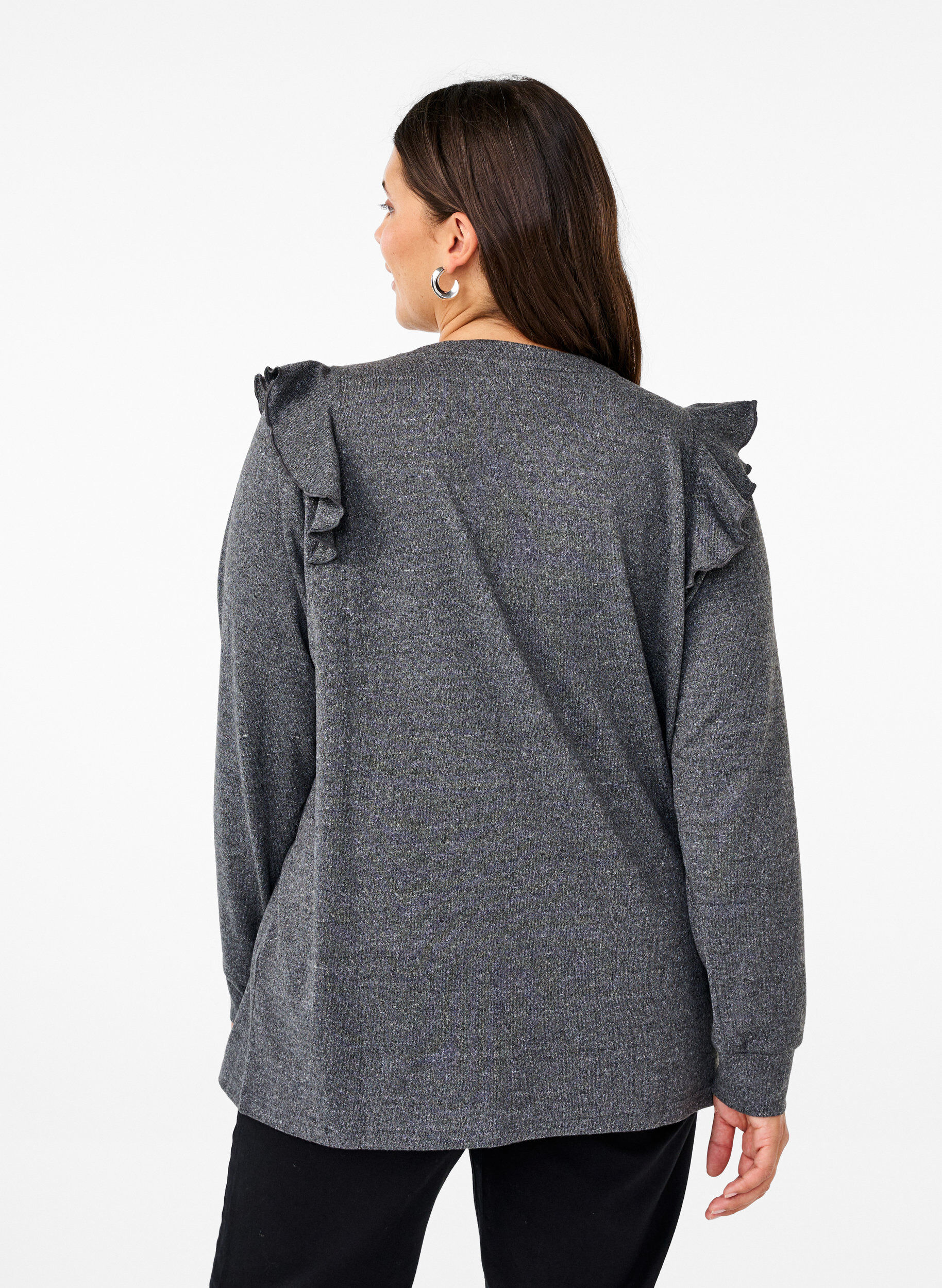 Zizzi Blouse met lange mouwen en ruches, Dark Grey Melange, Model image number 1
