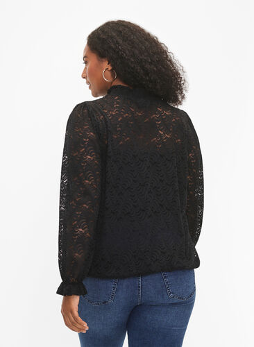 Kanten blouse met lange mouwen en smok, Black, Model image number 1