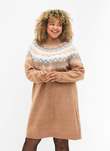 Robe en tricot à motifs et à manches longues, Chipmunk Mel. Comb, Model image number 0