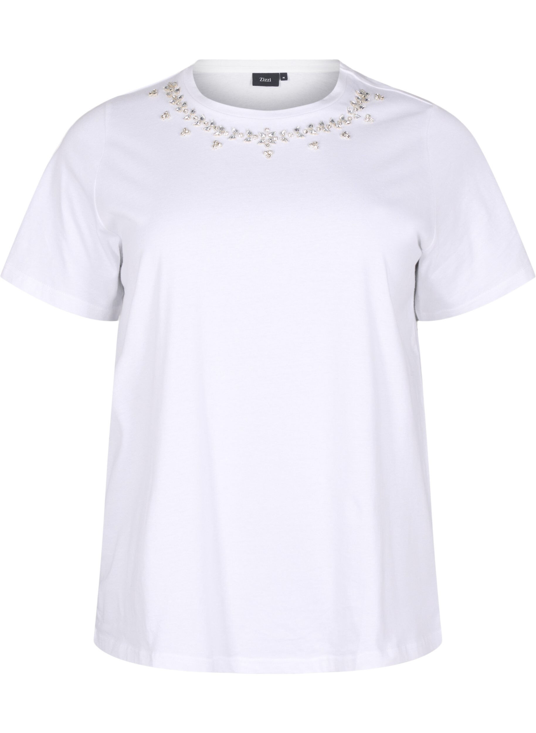 ZizziT-shirt met ronde hals en strass-steentjes, Bright White, Packshot image number 0