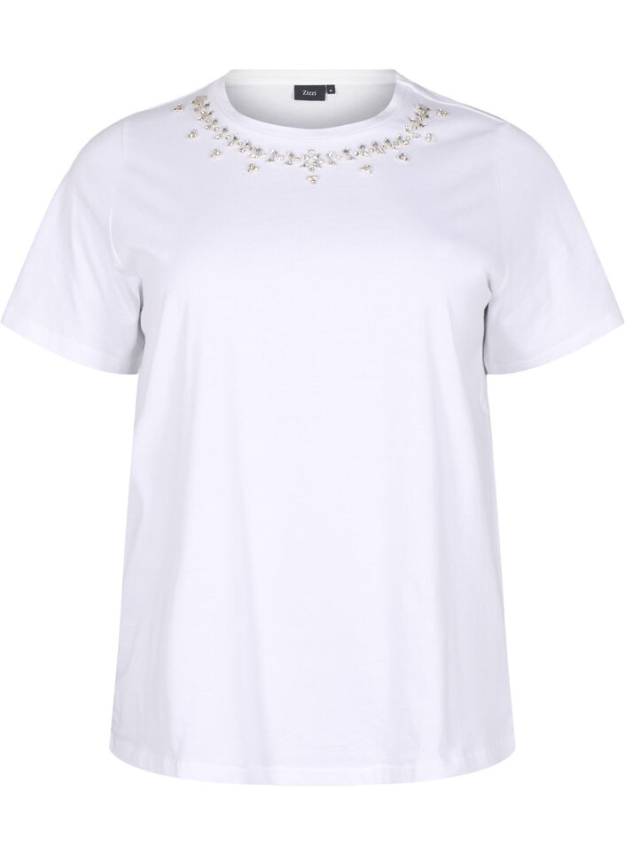 T-shirt à col rond et strass, Bright White, Packshot image number 0