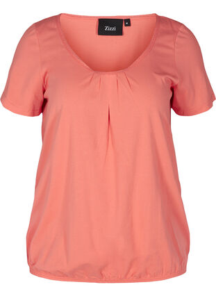 T-shirt à manches courtes avec col rond et bord en dentelle, Living Coral, Packshot image number 0