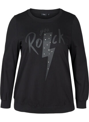 Katoenen sweatshirt met print op de borst, Black w. Black, Packshot image number 0