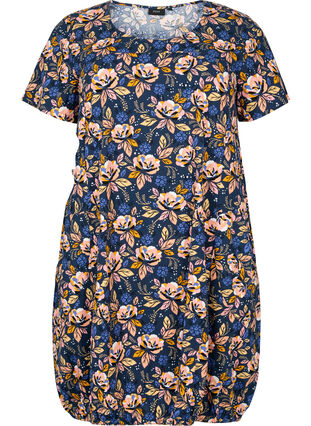 Bedrukte katoenen jurk met korte mouw, Blue Orange Flower, Packshot image number 0