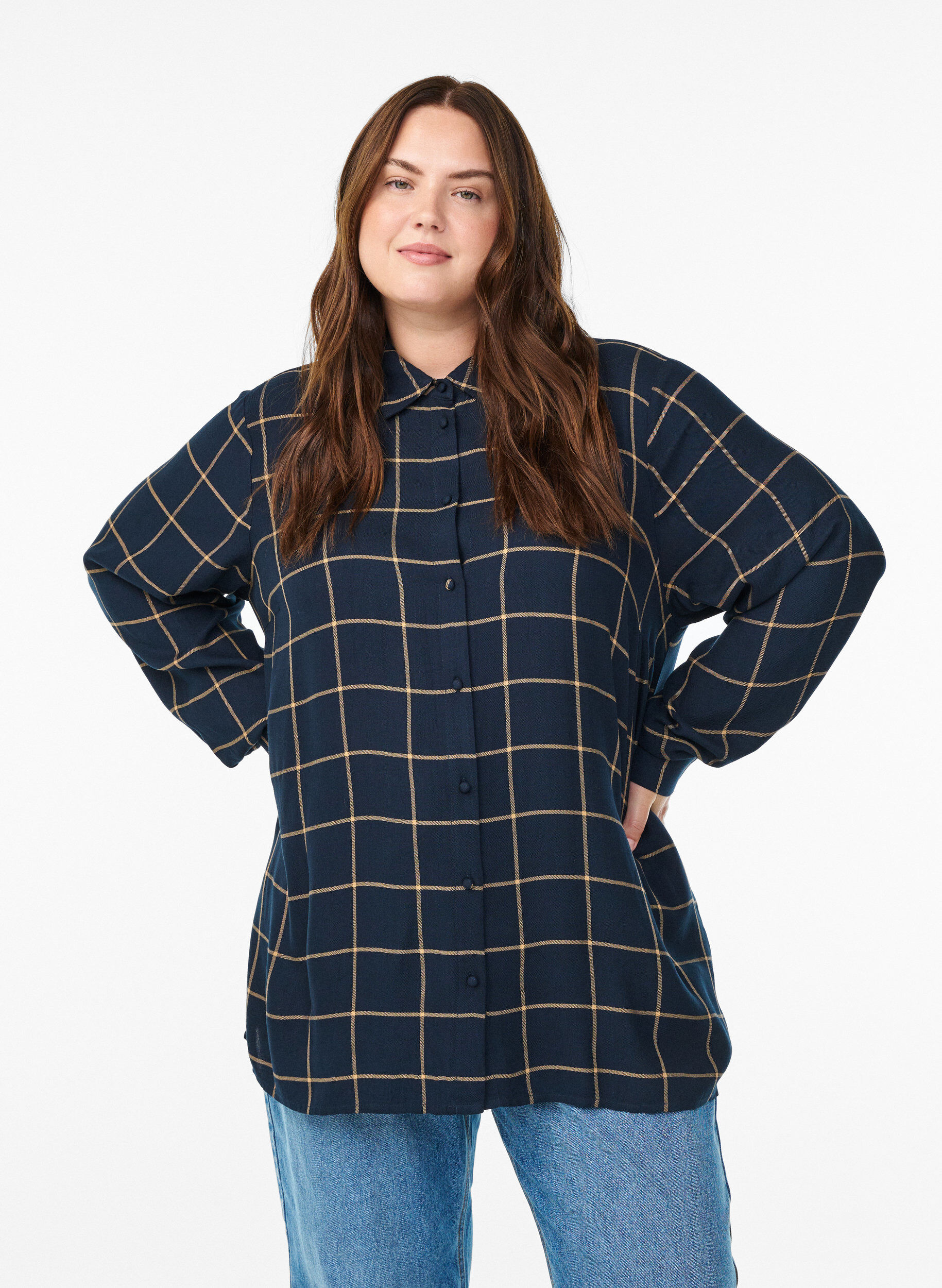 Geruite oversized katoenen shirt, Blauw, Model