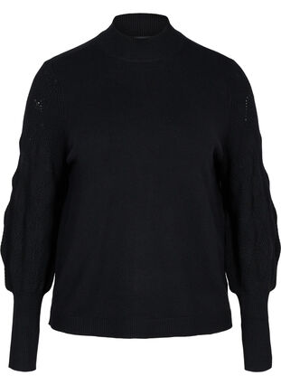 Blouse en tricot à col montant et manches bouffantes, Black, Packshot image number 0