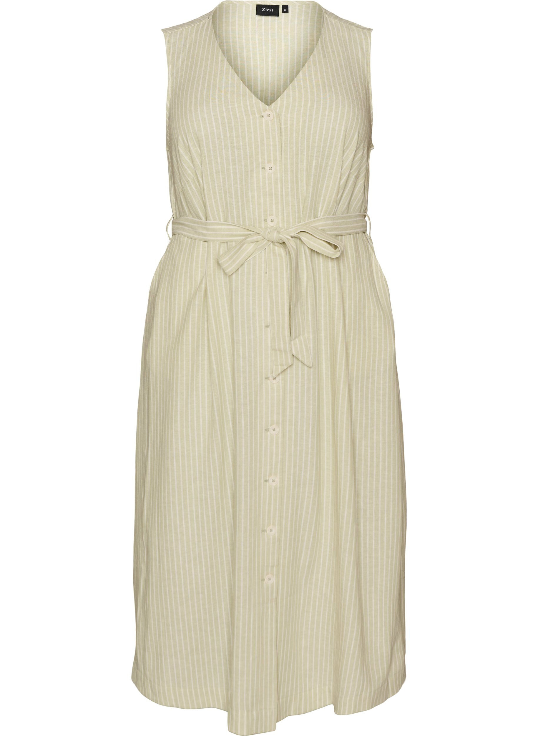ZizziRobe midi sans manches &agrave; rayures en lin et viscose, Vert clair, Packshot image number 0