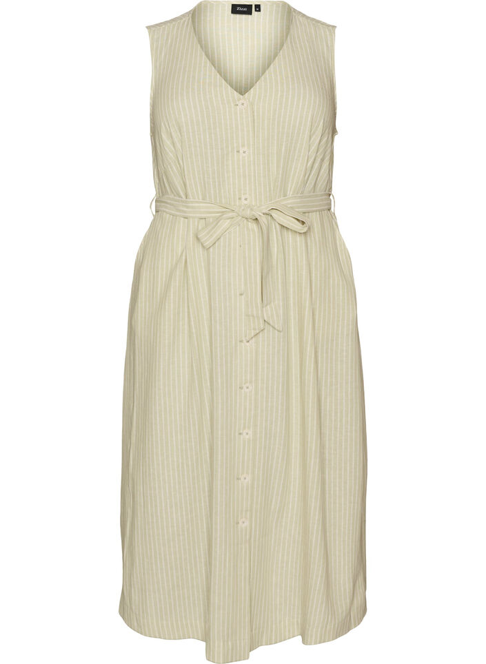 Robe midi sans manches &agrave; rayures en lin et viscose, Vert clair, Packshot image number 0