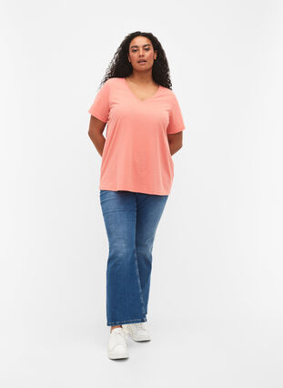 T-shirt à manches courtes avec col en V, Bright Coral, Model image number 2
