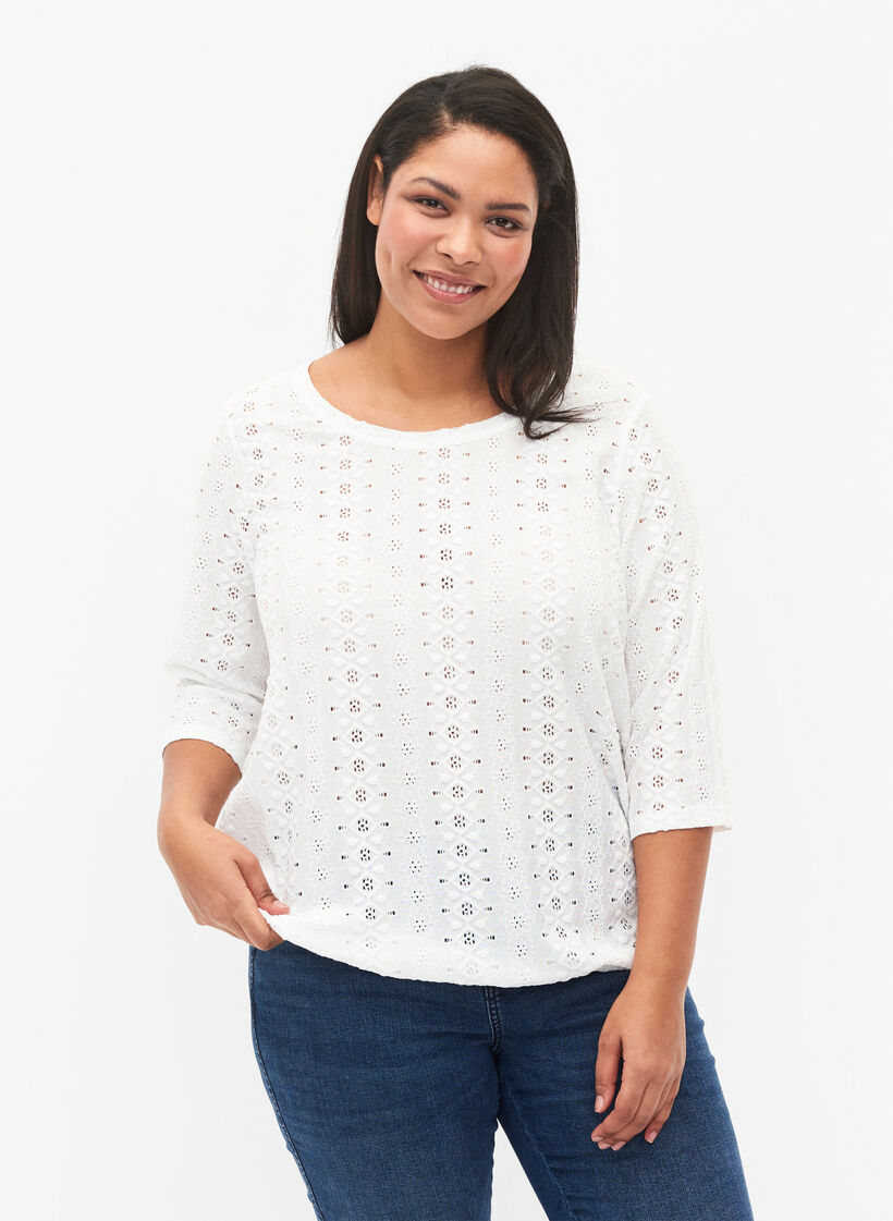 Blouse avec broderie anglaise et manches 1/2, Bright White, Model