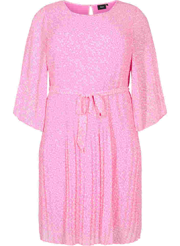 Geplooide jurk met strikceintuur, Pink Ditzy Flower, Packshot image number 0