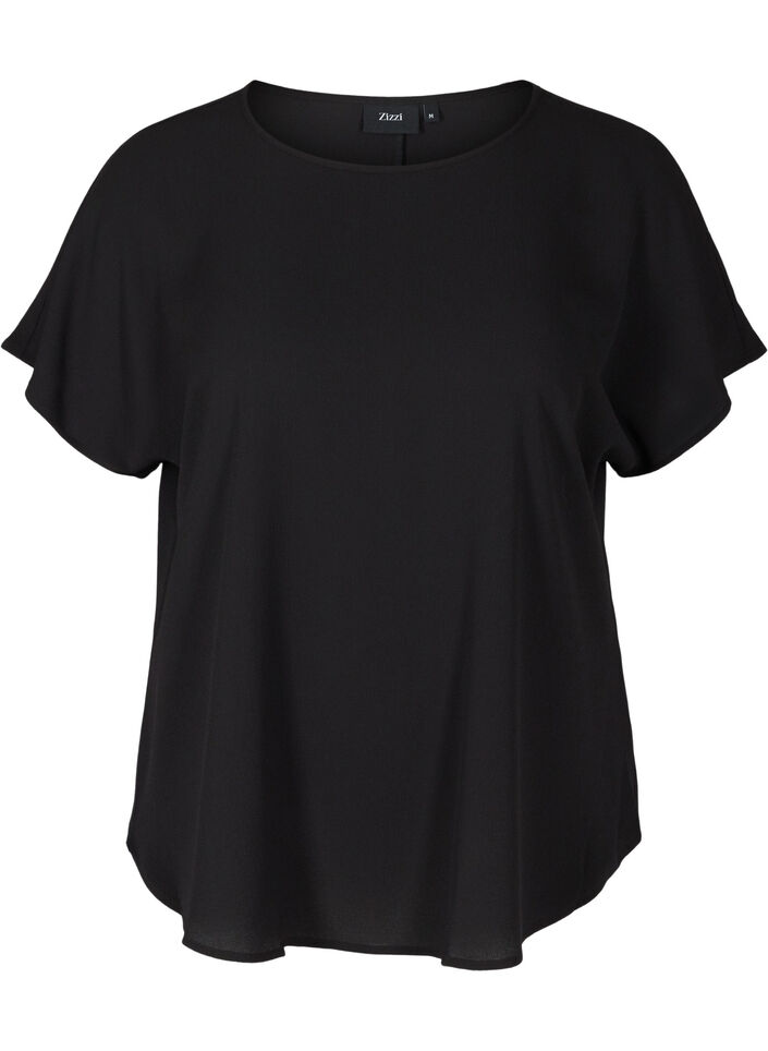 Blouse met korte mouwen en een ronde halslijn, Zwart, Packshot image number 0