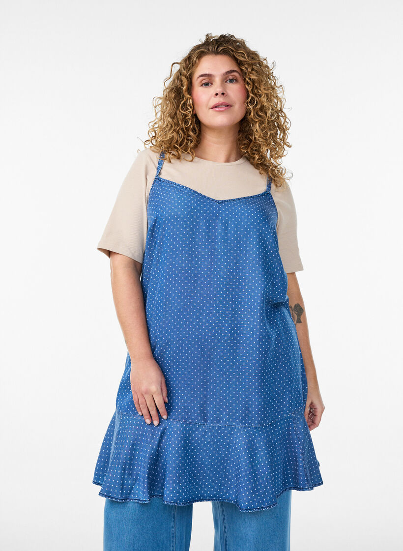 Knielange jurk met bandjes in TENCEL&trade; Lyocell met een denimlook, Blauw, Model image number 3