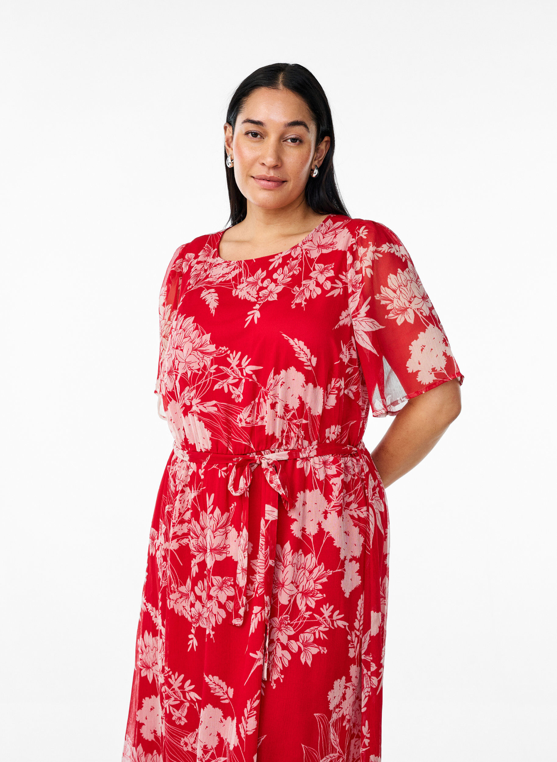 ZizziLange chiffon jurk met bloemenprint, Red Flower AOP, Model image number 2